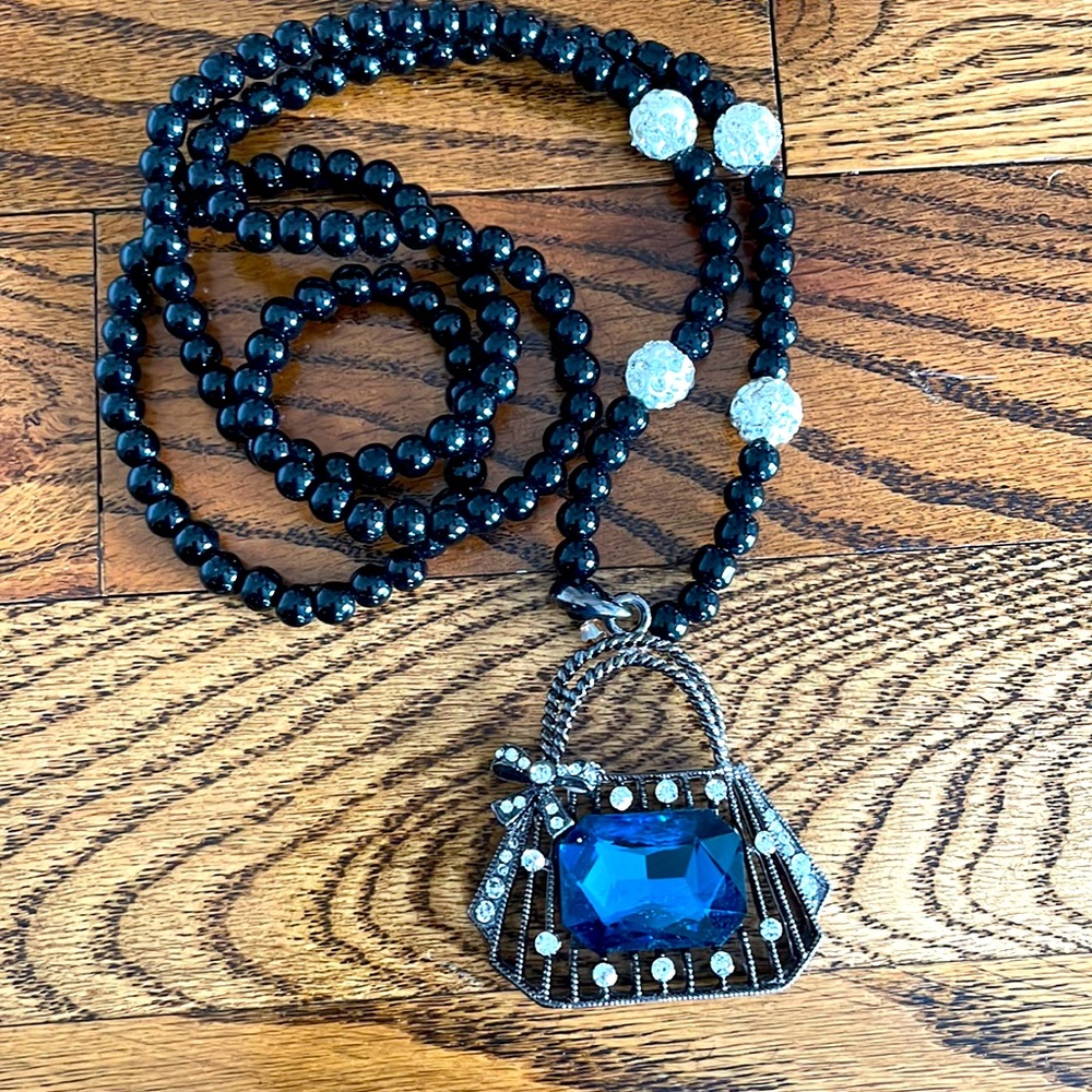 Black Beaded necklace with handbag pendant